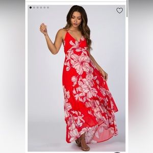 Red Chiffon Floral Hi-Low Tiered Maternity Dress